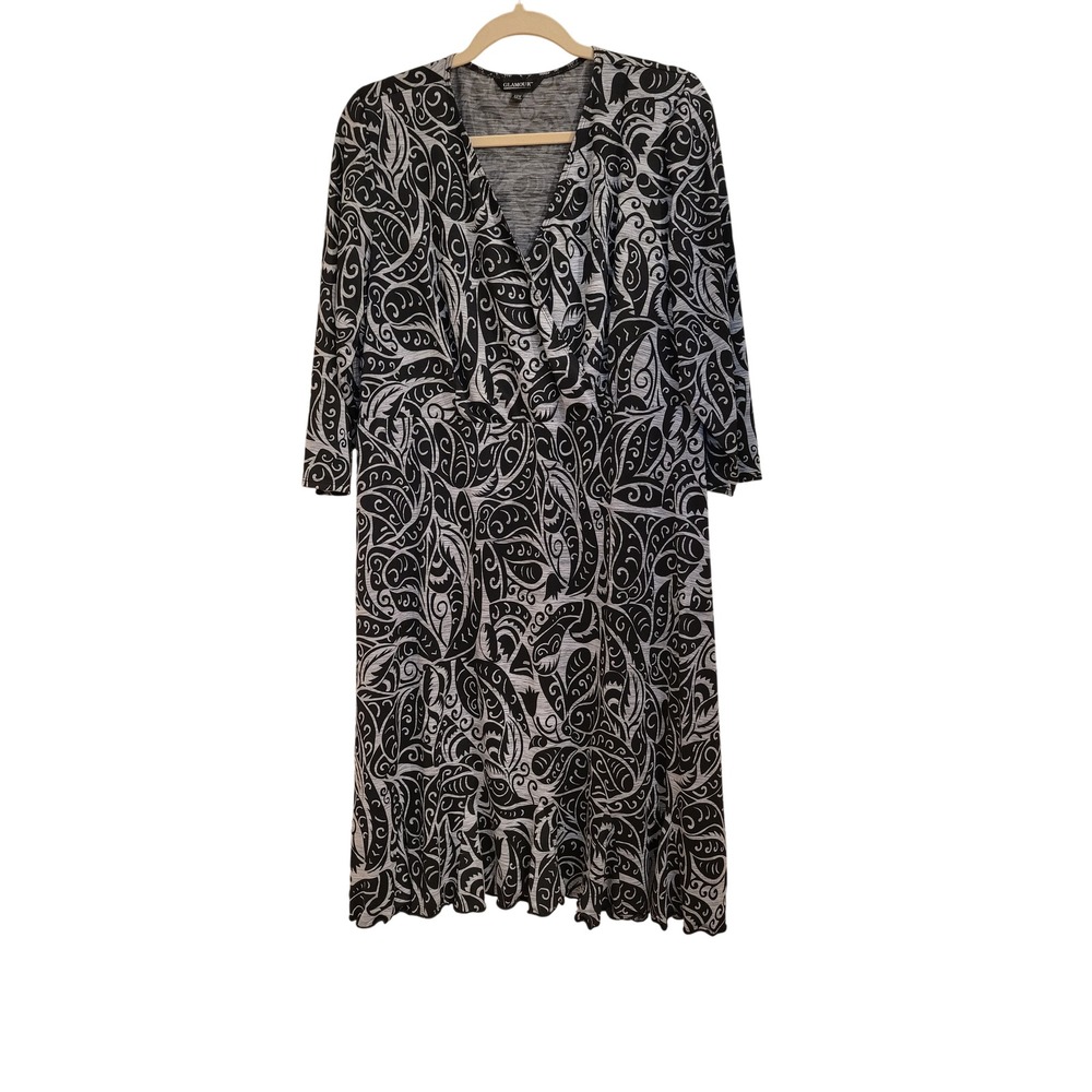Glamour Womens Black Grey Paisley Faux Wrap Dress 3/4 Sleeve Midi V-Neck